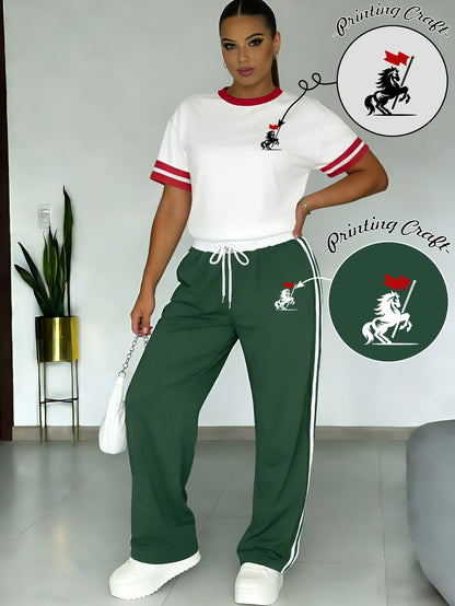 Women's Casual Two-Piece Set: Soft Contrast Tee & Pants