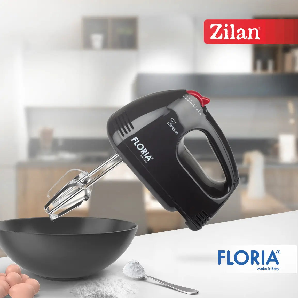 Floria Black Hand Mixer with 7 Speeds and 1000W Power