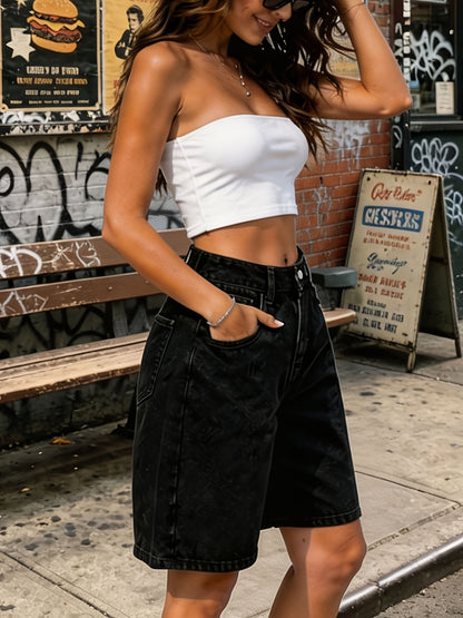 Women's High-Waist Black Denim Shorts with Pockets, Casual Wide-Leg Su