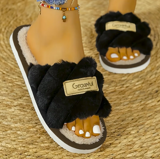 Black Fuzzy Slippers – Cozy Crisscross Strap Design - ayq