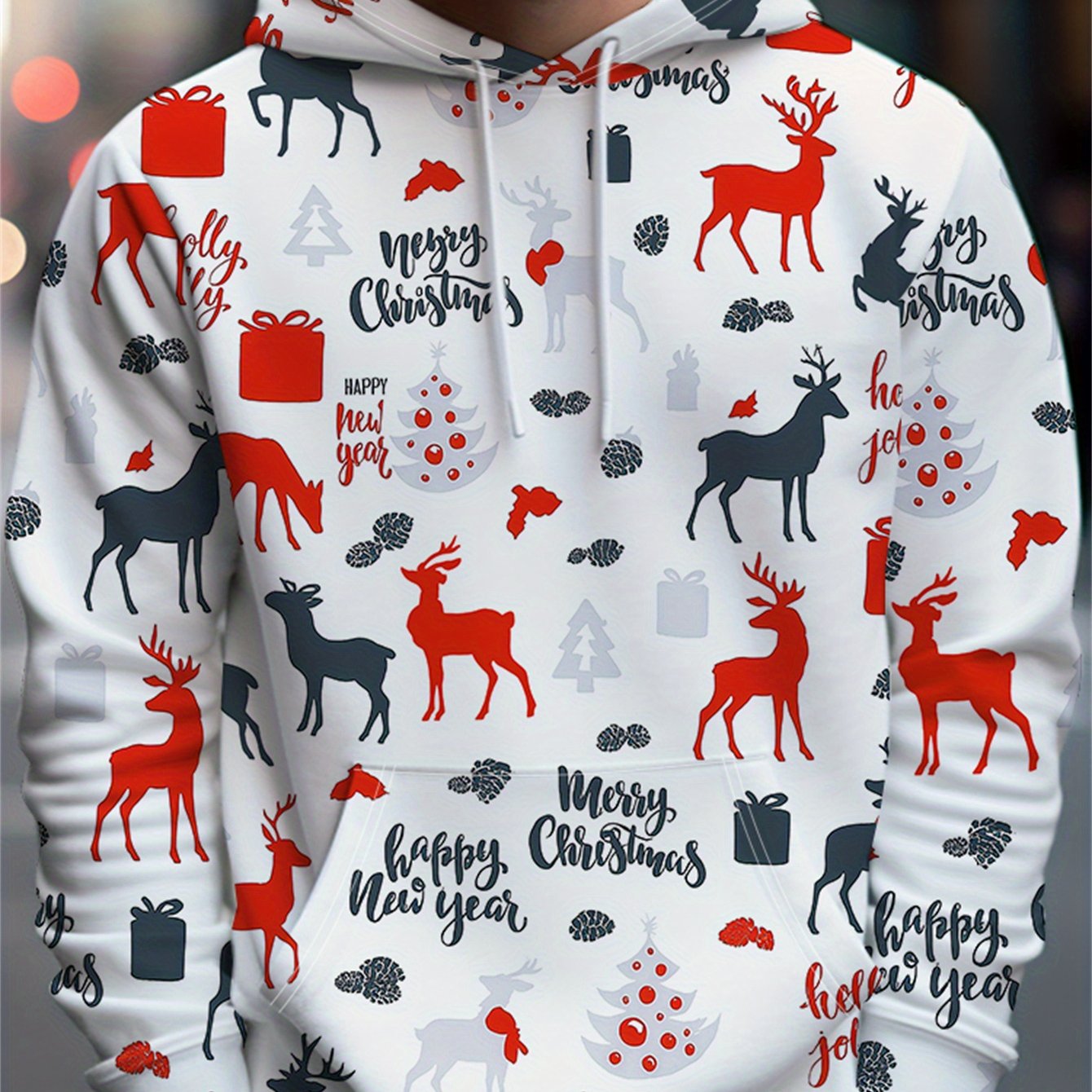 Men'S Christmas Hoodie - Red & Black Holiday Sweatshirt with Merry Christmas Text, Hooded Pullover for Christmas Party Outfit, Casual Winter Clothing - Festive Casual Attire, Christmas Clothes, Seasonal Fashion, Geometric Pri