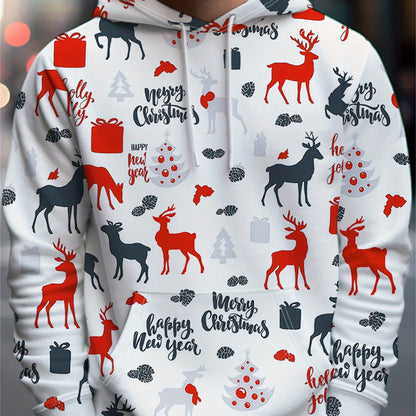 Men'S Christmas Hoodie - Red & Black Holiday Sweatshirt with Merry Christmas Text, Hooded Pullover for Christmas Party Outfit, Casual Winter Clothing - Festive Casual Attire, Christmas Clothes, Seasonal Fashion, Geometric Pri