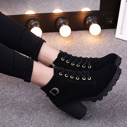 Women's Chunky platform heel Boots - Lace-up closure, Faux Cover Round-toe boots with, Thick Platform Sole for Dresses, Jeans, Party Outfits - All-Season Everyday  Formal Shoes, Stylish Outfit Additions, Side Zipper Detail,
