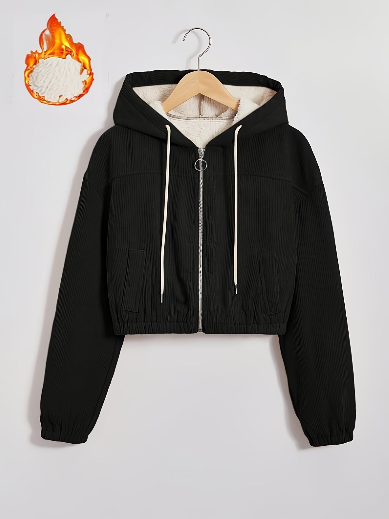 Women'S Black Hooded Jacket with Fleece Lining - Full-Zip Winter Coat, Full-Zip Front Closure, Zippered Pockets, Machine Washable Outer Shell