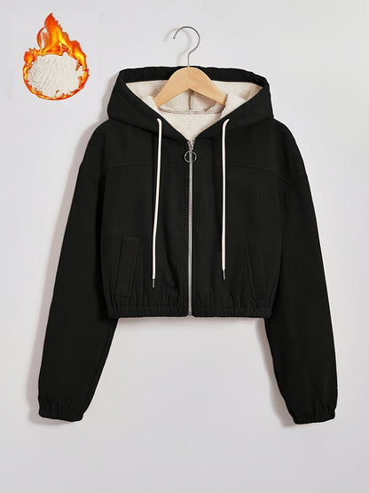 Women'S Black Hooded Jacket with Fleece Lining - Full-Zip Winter Coat, Full-Zip Front Closure, Zippered Pockets, Machine Washable Outer Shell