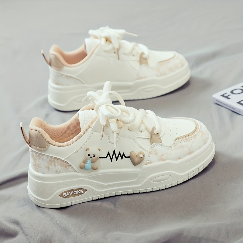 Women's White Mid-Top Sneakers with Bear  Heart Stripes Design - PU Cover  Upper, Thick Cushioned PVC Sole - Trendy Casual Shoes for All-Season Comfort