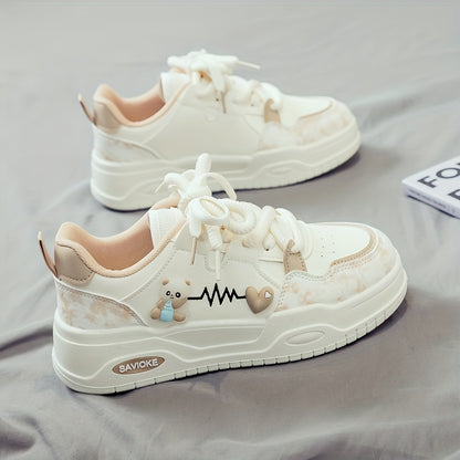 Women's White Mid-Top Sneakers with Bear  Heart Stripes Design - PU Cover  Upper, Thick Cushioned PVC Sole - Trendy Casual Shoes for All-Season Comfort