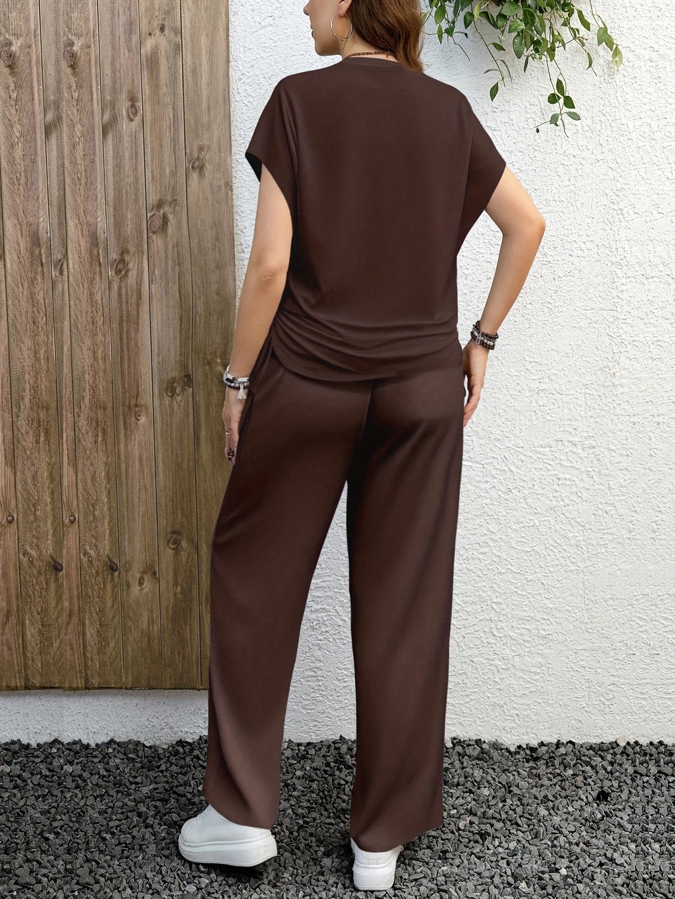 Solid Color Casual Drawstring Pleated Two-Piece Set, Casual Pullover T-Shirt + Loose Pants Outfit, Spring/Summer Collection, Suitable for Daily Wear, Stretch Fabric, Machine Washable