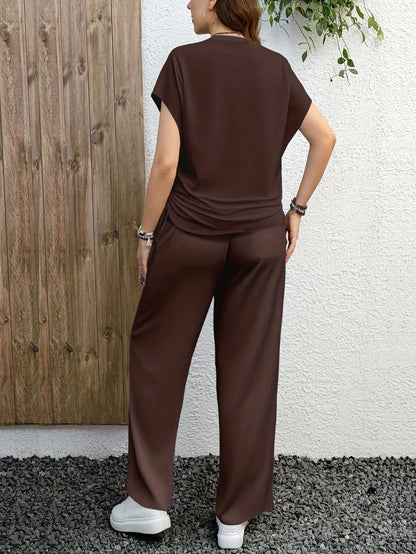 Solid Color Casual Drawstring Pleated Two-Piece Set, Casual Pullover T-Shirt + Loose Pants Outfit, Spring/Summer Collection, Suitable for Daily Wear, Stretch Fabric, Machine Washable