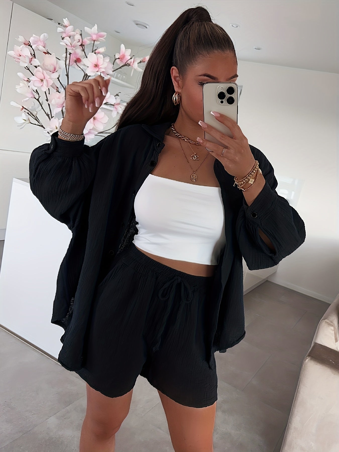 Women's Cotton Cardigan & Shorts Set Casual Long Sleeve