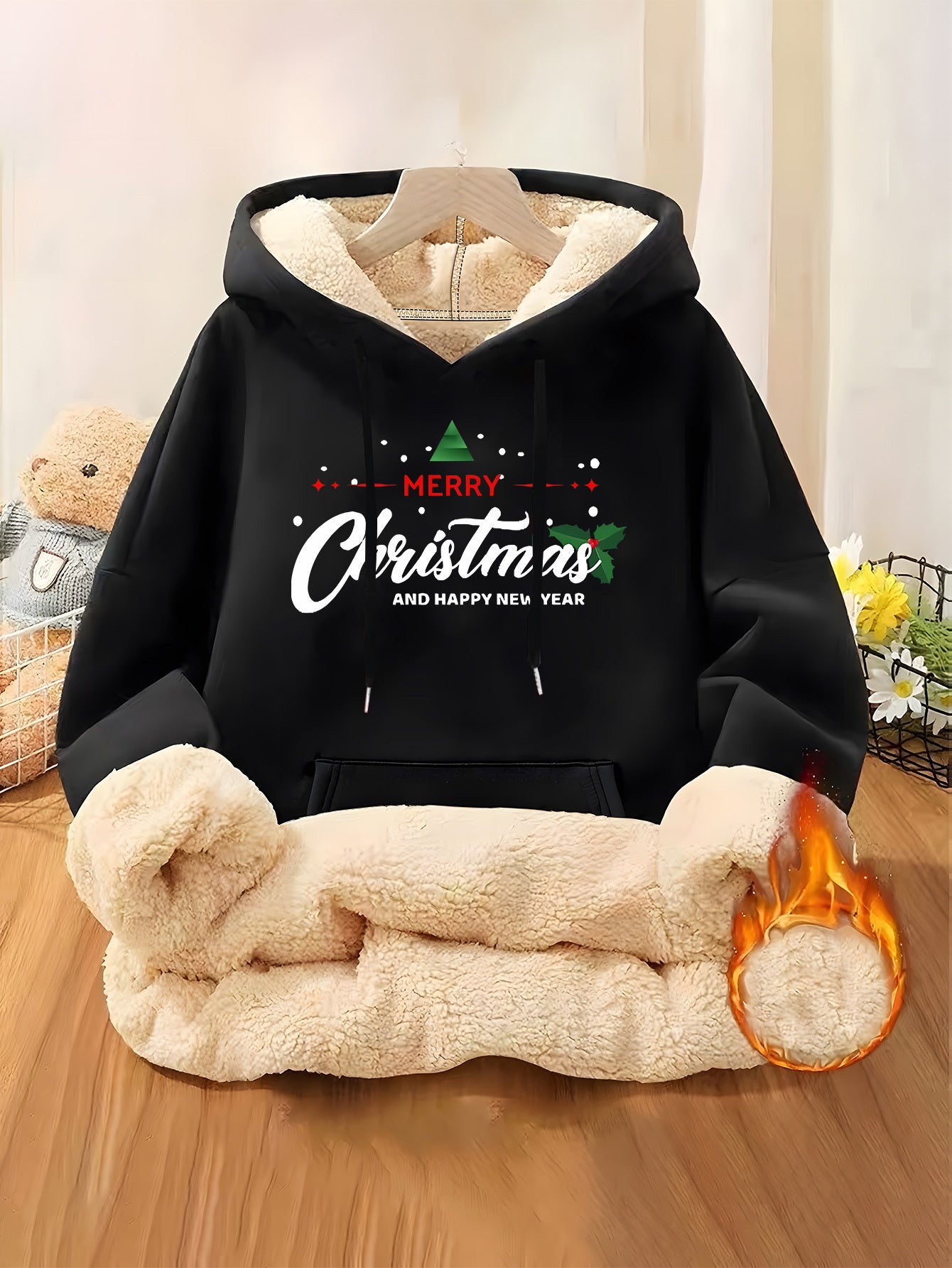 Women'S Plus Size Winter Warm Hooded Sweatshirt with Merry Christmas & Happy New Year Print - Thick Fleece-Lined Oversized Pullover, Cozy Casual Sweater for Christmas, Halloween Gifts, Christmas Sweatshirt, Festive Clothing,