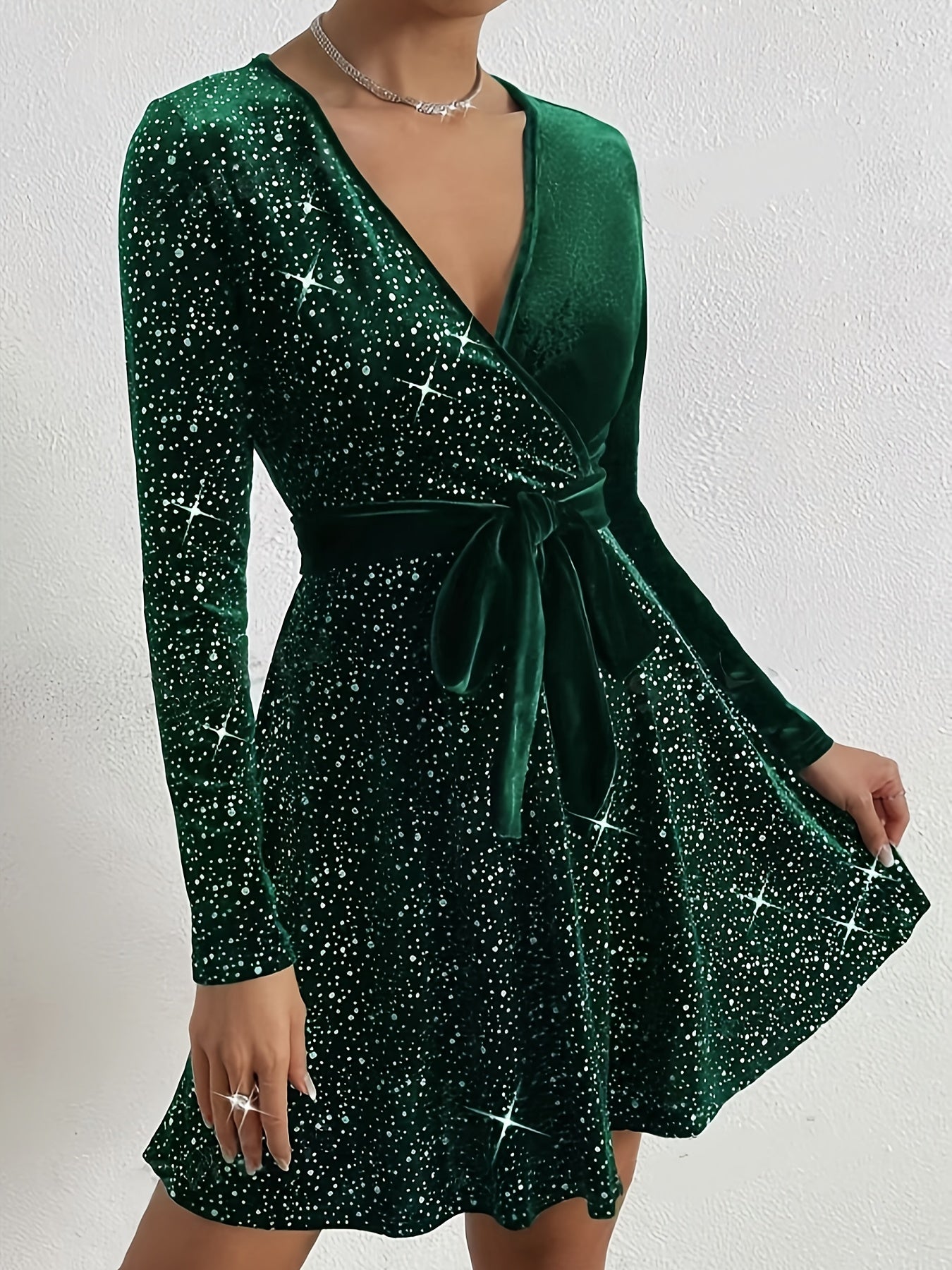 Elegant Women’s Velvet Dress with Cross Neck and Belt - Long Sleeve, Black with Sparkling Stars, Polyester Blend, Machine Washable, Perfect for Casual or Evening Wear