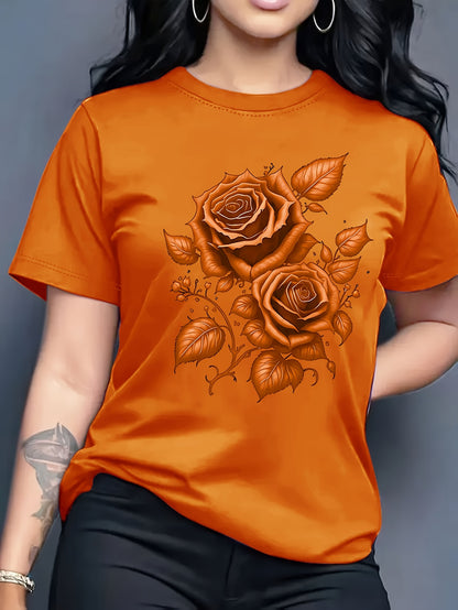 Women's Light Blue Yellow Rose Print T-Shirt - Short Sleeve Crew Neck Casual Top with Medium Stretch, Machine Washable & Breathable Fabric for All-Season Comfort, Relaxed Style, Graphic Tee, Stretchy Material, Printed Shirt,