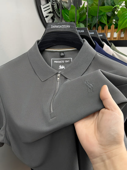 New Stylish Short-Sleeve Polo Shirt with a Zipper, a Breathable Business Fashion Tee, Featuring High-End Embroidery on The Sleeves And an Exquisite Design on The Back - ayq