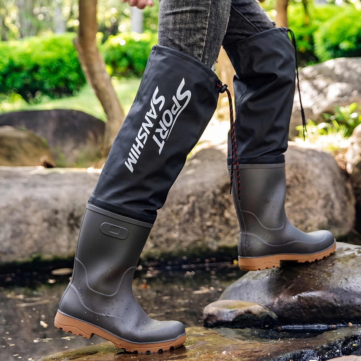 Men's Over-the-Knee PVC Rain Boots with Drawstring Cuff