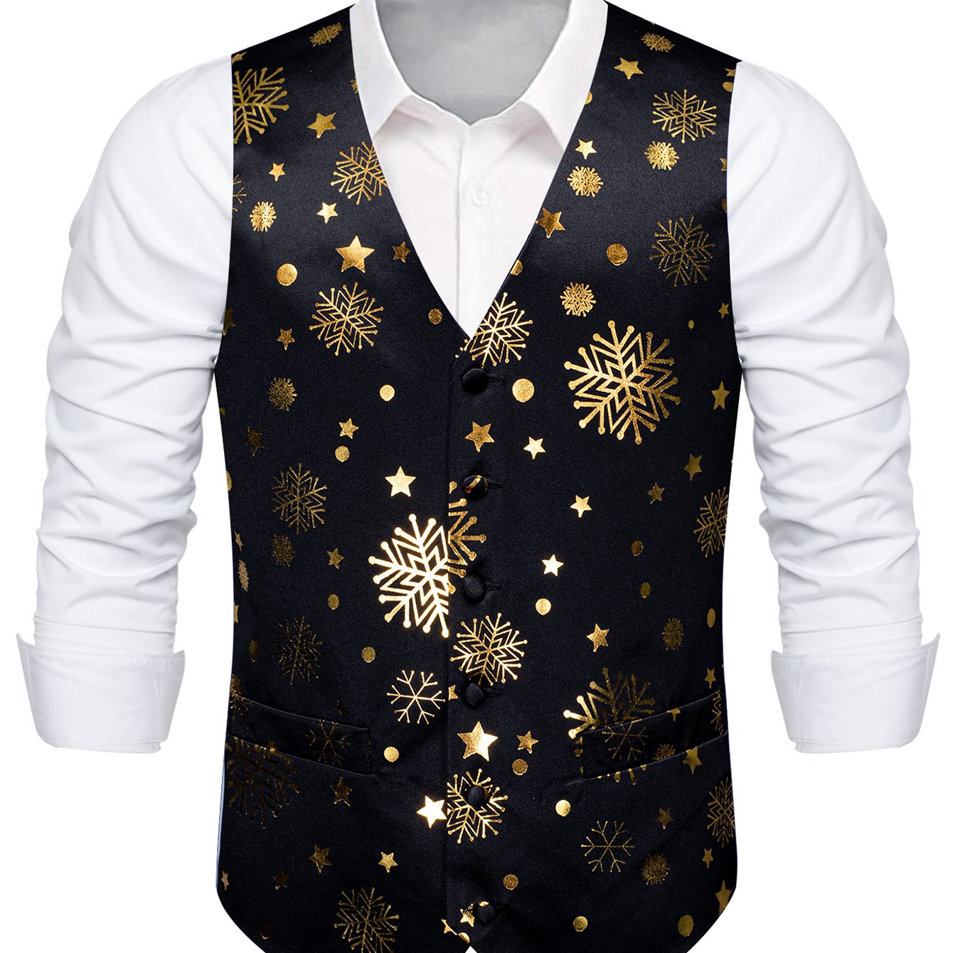 DOCAPEITON Men'S Christmas Vest - Formal & Casual Holiday Party Outfit with Button Front Closure, Non-Stretch Fabric - Green & Golden Snowflake, Tree, Firework Designs - Perfect for Xmas, New Year's, Weddings - Adult Men'S Fe