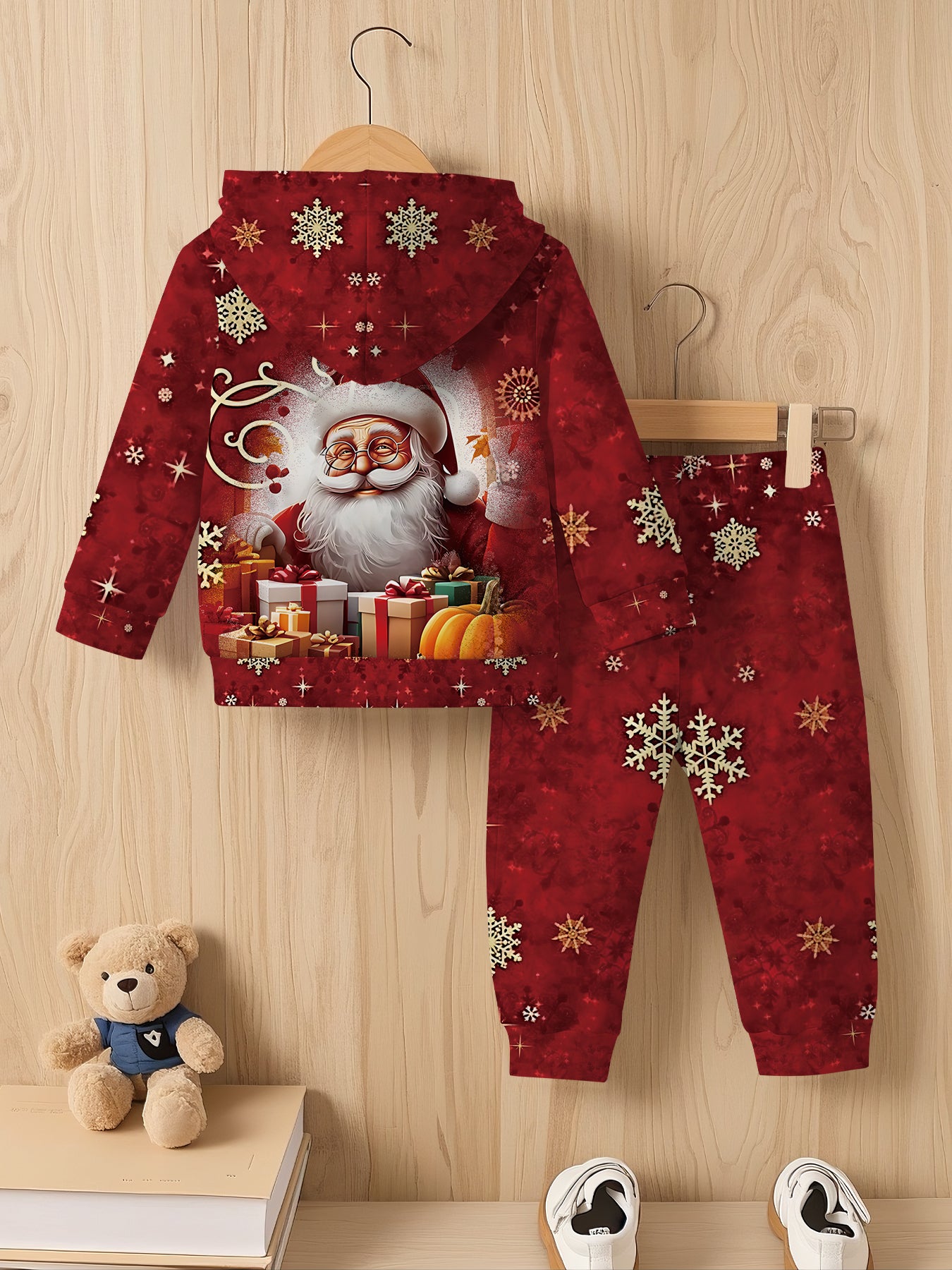 2pcs Boys' Santa Claus & Gifts Print Hooded Sweatsuit Set - Warm Winter Outfit with Matching  & Sweatpants, Cozy Christmas Outwear for Boys, Machine Washable Clothing Gift (Autumn/Winter), Perfect for Outdoor
