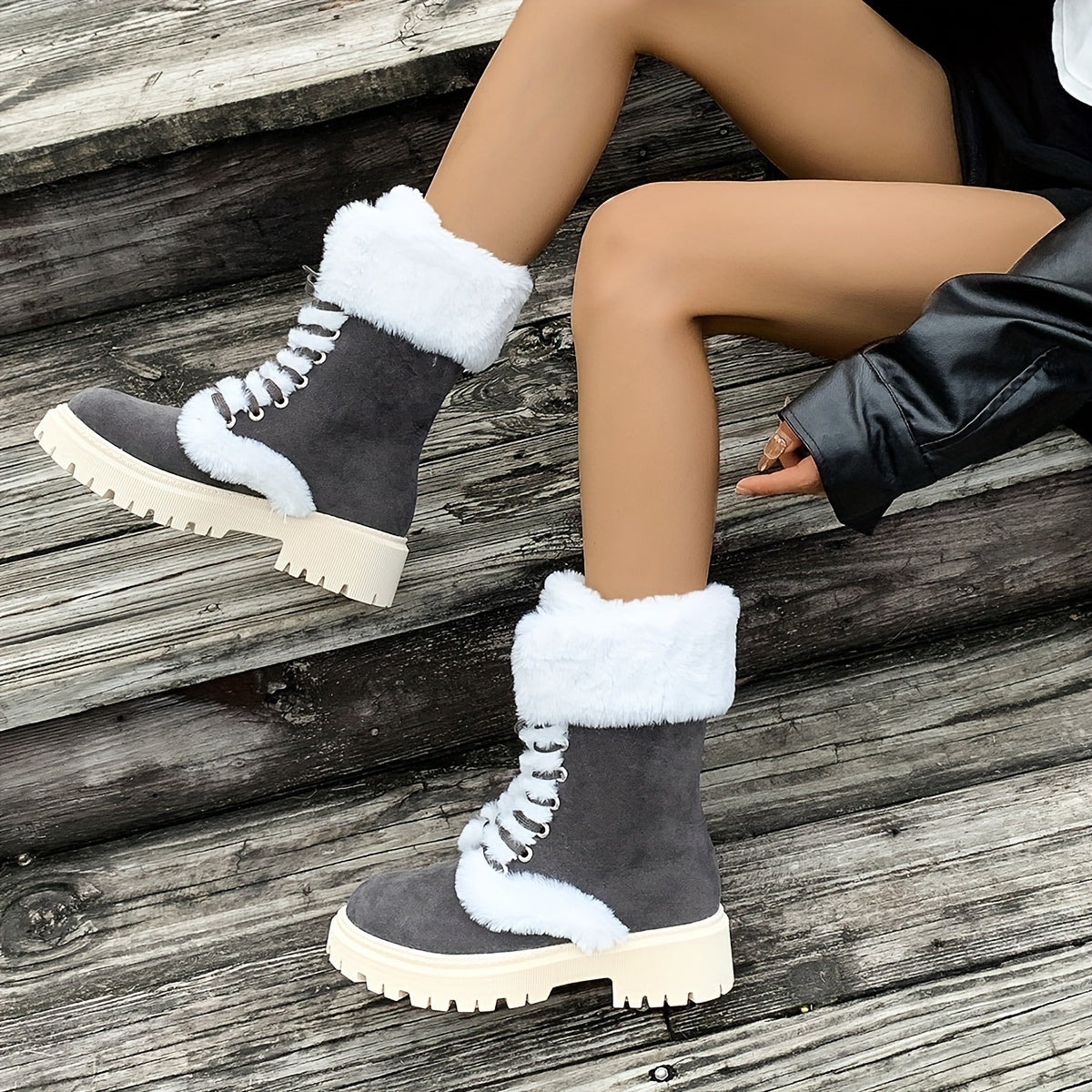 Women's Cozy Fleece-Lined Winter Boots - Mid-Calf Lace-Up with Thick Faux Fur Trim, Round Toe & Chunky Heel in Brown or Black, Perfect for Cold Weather Comfort, Winter Boots