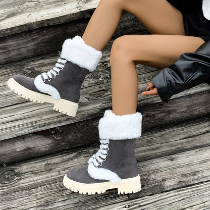 Women's Cozy Fleece-Lined Winter Boots - Mid-Calf Lace-Up with Thick Faux Fur Trim, Round Toe & Chunky Heel in Brown or Black, Perfect for Cold Weather Comfort, Winter Boots