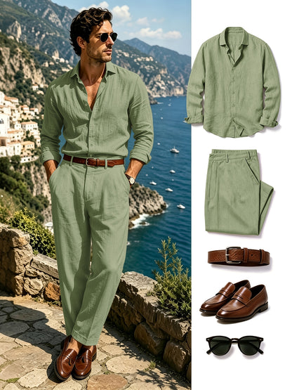 Men's Lightweight Linen Long-Sleeve Shirt & Pants Set for Spring/Fall