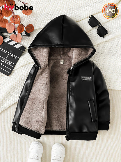 Boys' Fleece Lined PU Leather Jacket Warm Hooded Coat