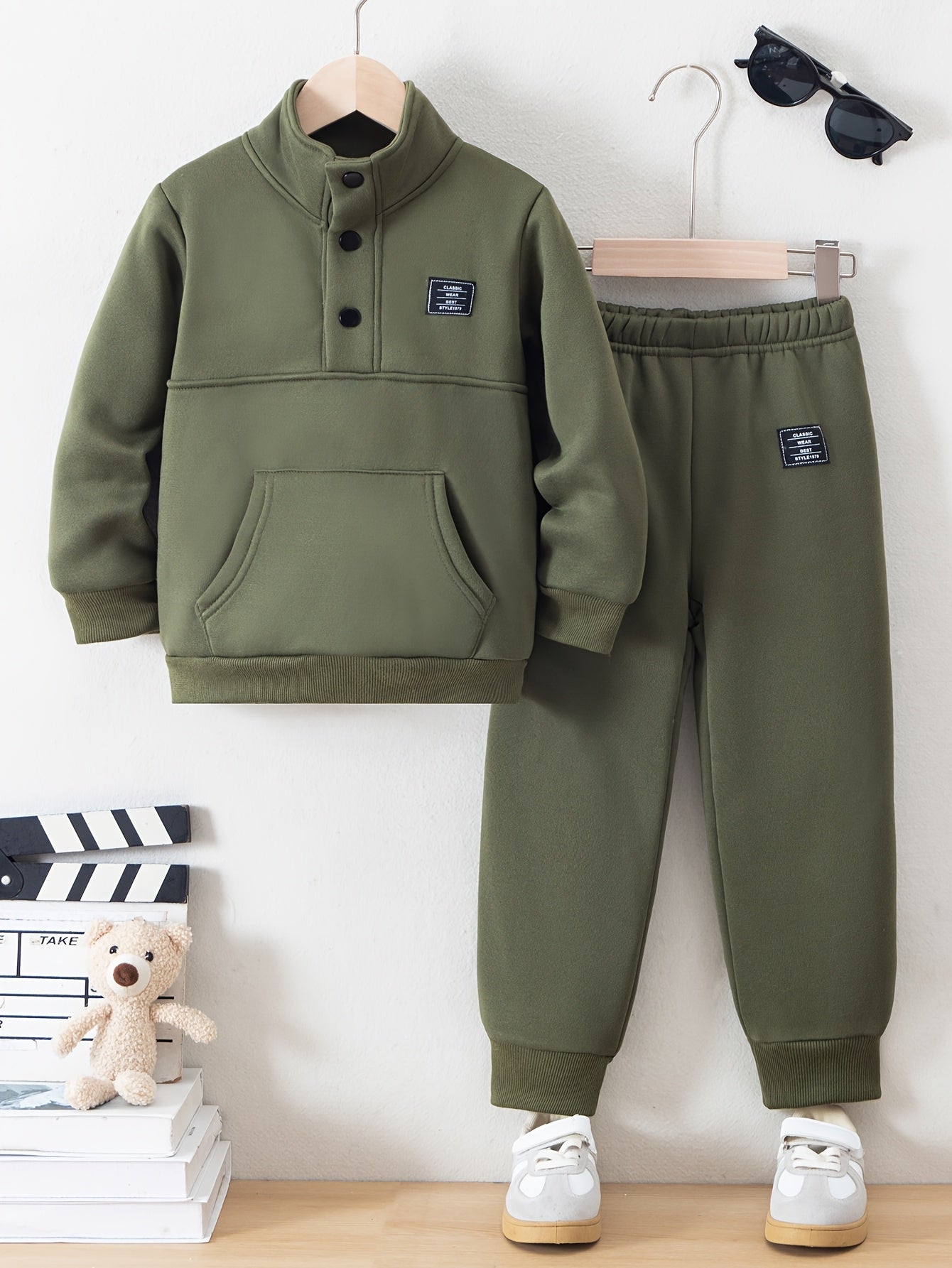 Boys' Cozy Fleece-Lined Hoodie & Sweatpants Set - Olive Green Casual Winter Outfit with Pockets, Thick Warmth for Fall & Winter, Regular Fit, Casual Attire, for Outdoor