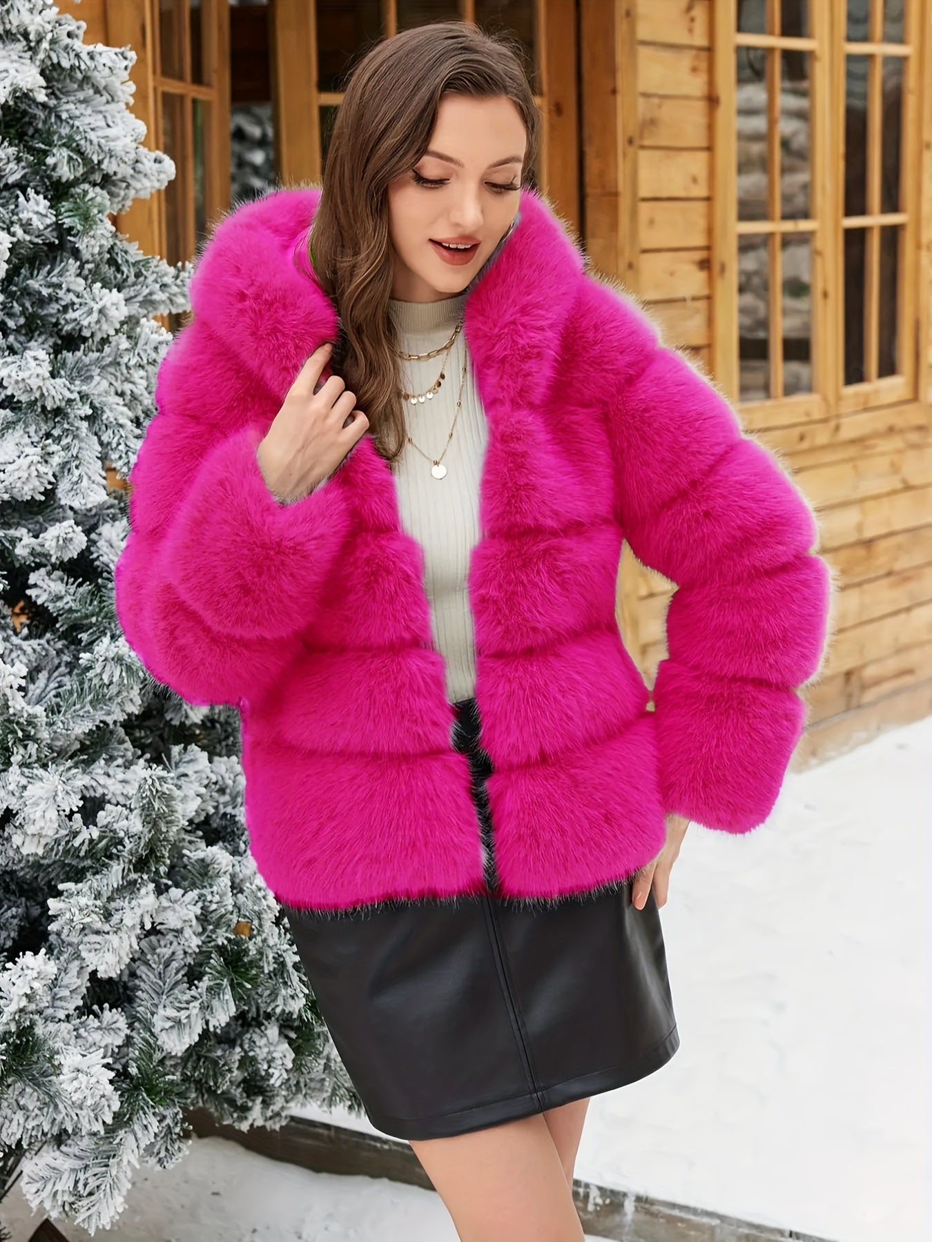 Women's Elegant White faux fur coat - Luxury Winter Outerwear with Single-Button Closure, Machine Washable Cold-Weather Jacket for Evening Events, Parties & Everyday - Chic Winter Coat for Women (Solid Color, O-Line Silhouett