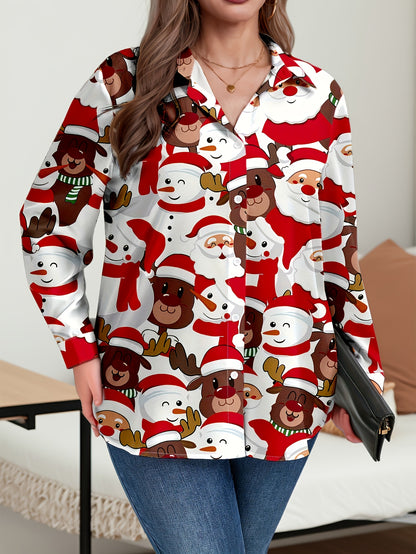 Plus Size, Women's Plus Size Winter Deer & Moose Print Blouse - Long Sleeve Christmas Party Shirt with Collar & Button Front, Red & Black Nordic Winter Pattern, Machine Washable Elegant Casual Holiday Outfits for Christmas &