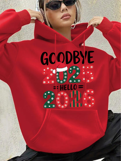 Women's White 2025 New Year & Christmas Hooded Sweatshirt - Goodbye 2024 2025 Print with Snowflakes & Candy Canes, Cozy Winter Pullover Hoodie, Relaxed Fit Casual Sweater for Holiday Parties & New Year's Eve Outfits