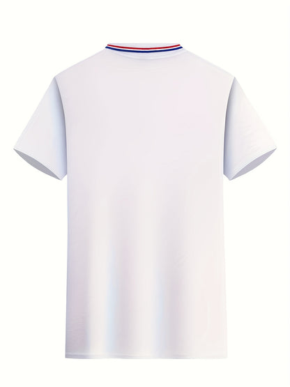 A Single-pc Men'S Polo Shirt with Letter Patterns, Golf Shirt, Breathable Fabric, Cool And Comfortable | Soft And Breathable, Striped Short-Sleeve T-Shirt with Button Details, Solid Color Casual, Regular Fit Multi-Color Set, - ayq