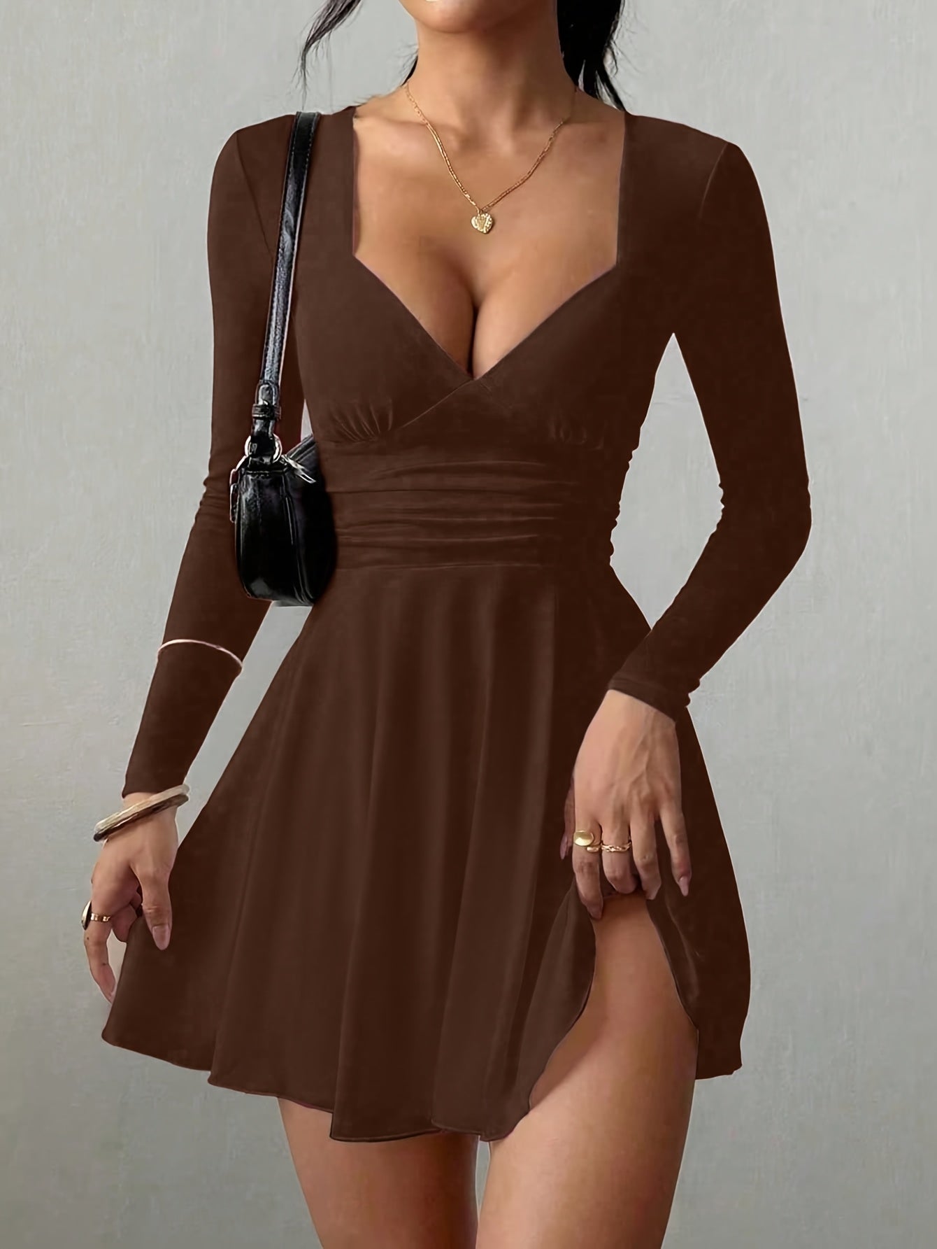 Women’s V-Neck Mini Dress with Waist Ruching and Long Sleeves