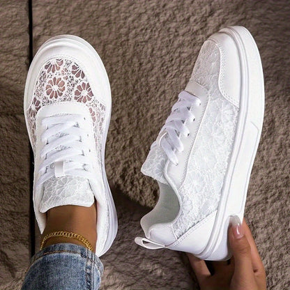 Women'S Elegant Lace Sneakers - Breathable Fabric Upper, White with Floral Pattern, Lightweight  Soft Sole, Durable EVA, Perfect for Daily Work, Sports, Summer Outings  Vacations, Casual Footwear   Elegant Sneaker   Comfort