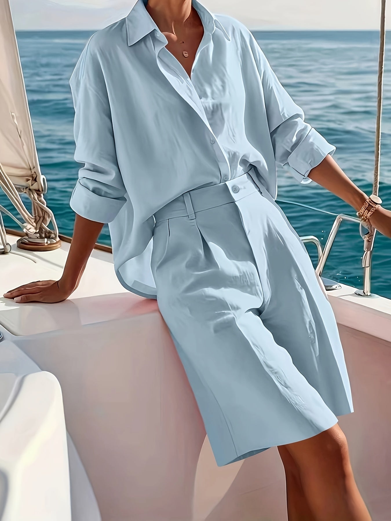 Women's Casual Polyester Button-Down Shirt & Shorts Set