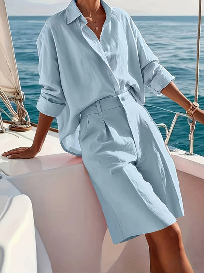 Women's Casual Polyester Button-Down Shirt & Shorts Set