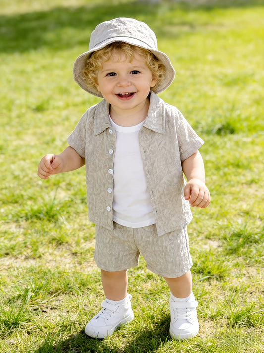 Boys' Summer Casual 3D Letter Print Shirt & Shorts Set with Hat