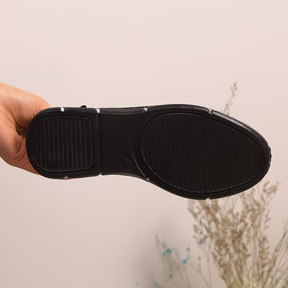 Women's Slip-On Sneakers - Lightweight Knit Upper, Breathable Design, Comfortable Casual Shoes with Strap, Black  Golden Accents, Round Toe for All-Day Wear, Sporty Sneakers   Round Toe Shoes   Flexible Sole, Ladies Sneakers