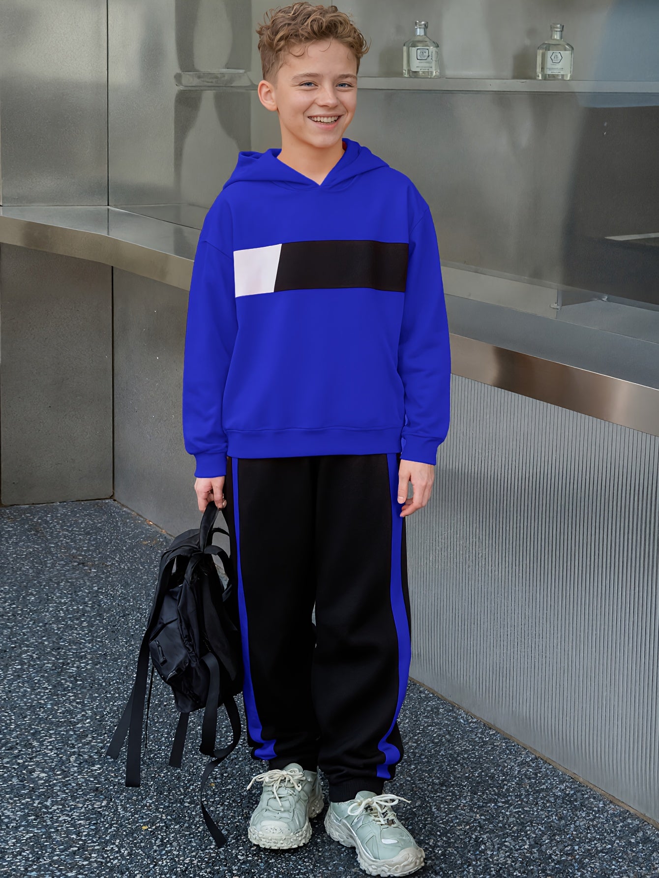 2pcs Boys' Winter Hooded Sweatsuit & Pants - Warm Sweater Outfit with Matching Long Pants, Colorblock Hoodie (Suitable for & Big Kids) - Machine Washable 2pcs set, Perfect for Outdoor