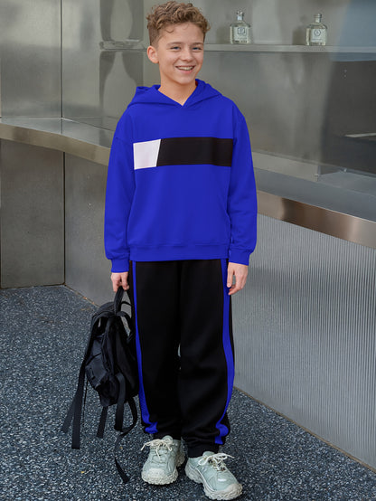 2pcs Boys' Winter Hooded Sweatsuit & Pants - Warm Sweater Outfit with Matching Long Pants, Colorblock Hoodie (Suitable for & Big Kids) - Machine Washable 2pcs set, Perfect for Outdoor