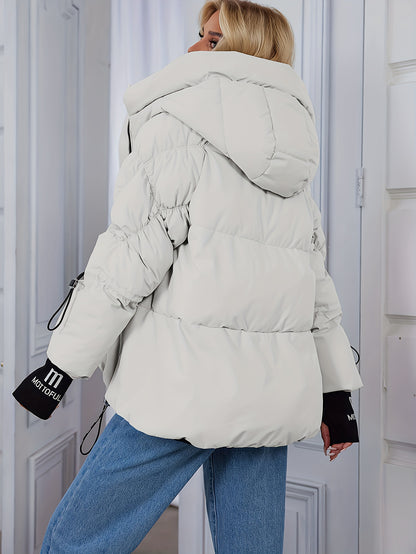 Women's Stylish Beige Puffer Jacket - Casual Warm Winter Coat with Black Trim, Long Sleeves & Zippered Hood, Polyester Fabric for Outdoor Comfort