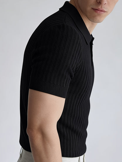 Men'S Summer Knitted Polo Shirt | Breathable Striped Design, Casual Lapel Collar, Short Sleeves, Three-Button Closure, Slim Fit, Ideal For Business Casual And Travel - ayq