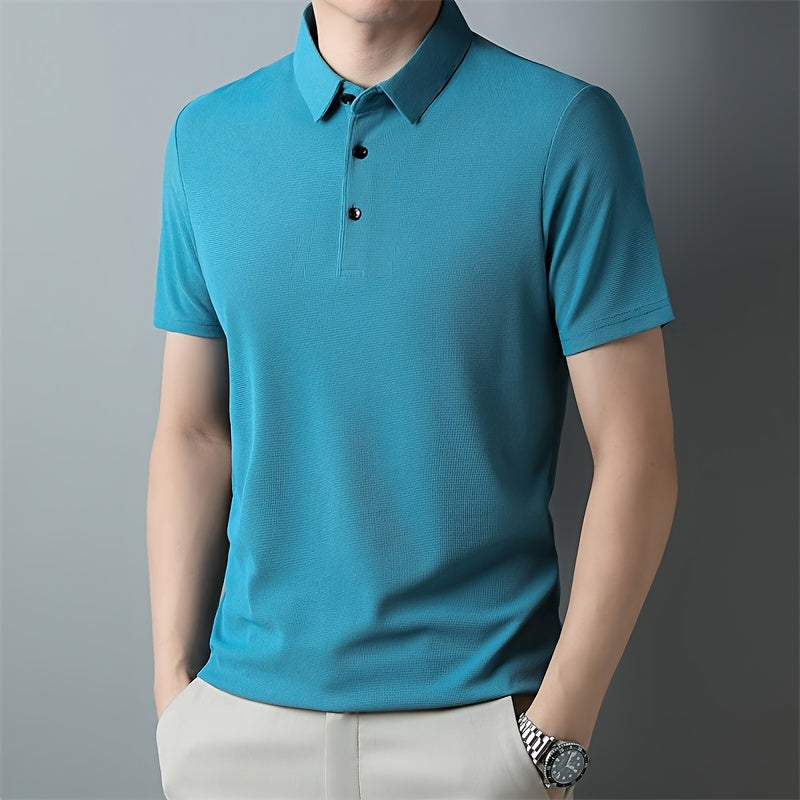 Men's Solid Short Sleeve And Lapel Collar Henley Shirt, Casual And Comfy Sports Tops For Summer Golf Wear And Outdoors Activities