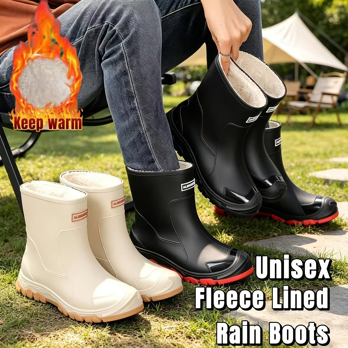Unisex Fleece-Lined Rubber Rain Boots for Winter Outdoors