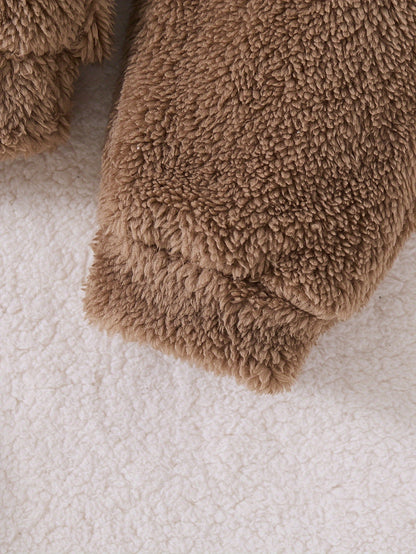 Boys' Autumn and Winter Fashionable Casual Simple Cute Warm Solid Color Plush Bear Embroidered Hoodie Long Pants Two-Piece Set, Perfect for Outdoor