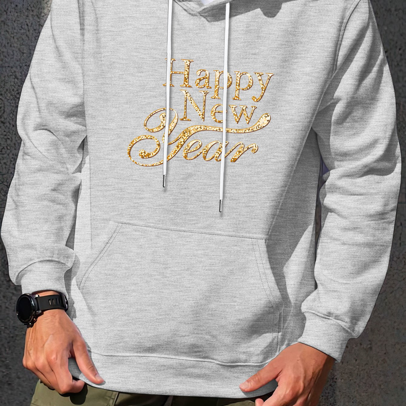 Men'S Golden Letter Print Hooded Sweatshirt - Happy New Year Lettering, Soft Knit Micro-Elastic Fabric, Loose Fit Casual Pullover Hoodie with Front Pocket, Streetwear Style, Unisex Apparel, Durable Material, Trendy Design, Ho