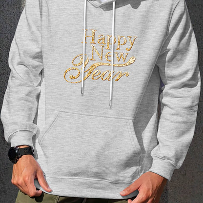 Men'S Golden Letter Print Hooded Sweatshirt - Happy New Year Lettering, Soft Knit Micro-Elastic Fabric, Loose Fit Casual Pullover Hoodie with Front Pocket, Streetwear Style, Unisex Apparel, Durable Material, Trendy Design, Ho