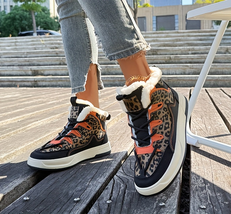 Women'S Stylish Leopard Print Winter Sneakers - Warm Fleece-Lined Casual Shoes with Thick Cushioned PVC Sole, Black & Orange Design, Perfect for Fall/Winter, Winter Sneakers | Leopard Print Shoes | Durable PVC Sole