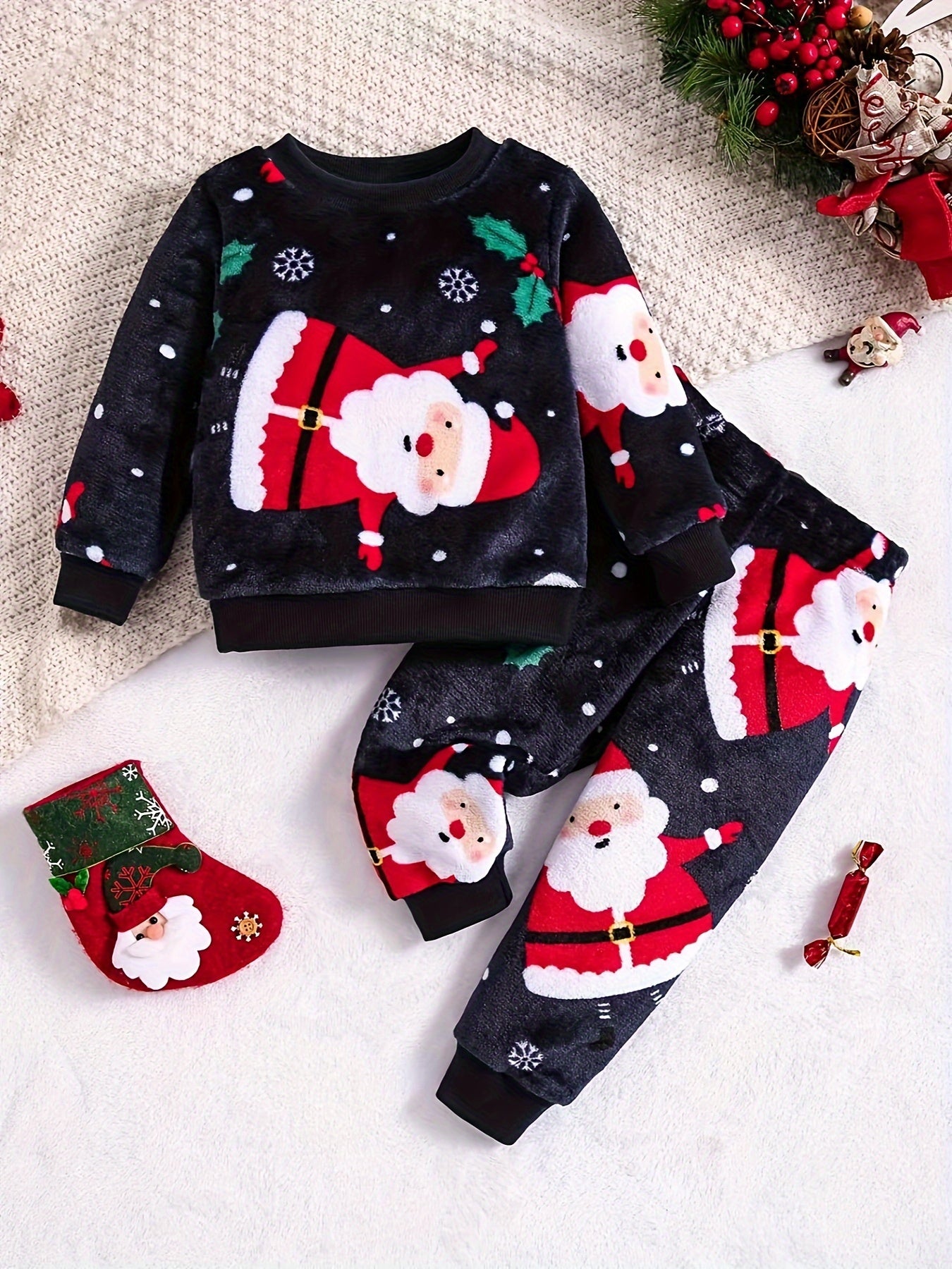Boys' Christmas Fashion Autumn and Winter Flannel Suit Youngsters's Warm New Two-piece Set, Perfect for Thanksgiving