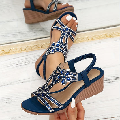 Vibrant Comfort   Bohemian Style Women's Rhinestone Wedge Sandals, Open Toe Platform Heel with Elastic Strap, Summer Beach Music Festival Slip-On Shoes, Man-Made Upper/Inner/Insole, TPR Sole, Beach Sandals   Toe Post Sandals