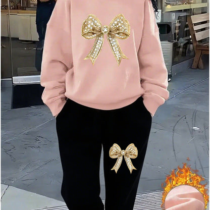Women'S Sparkling Bow Print Sweatshirt and Pants Set - Casual Long Sleeve Pullover with Glittery Bow Design, Black and Gray, Perfect for Casual Attire, Casual Wear|Sparkling Bow Design|Stretchy Fabric