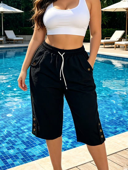 Women's Casual Sport Capri Pants with Drawstring Waist & Pockets